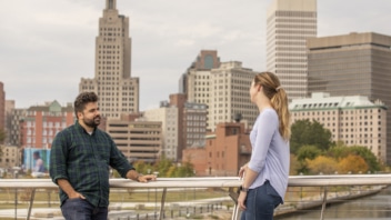 Tech teammates walking to office in Providence, RI